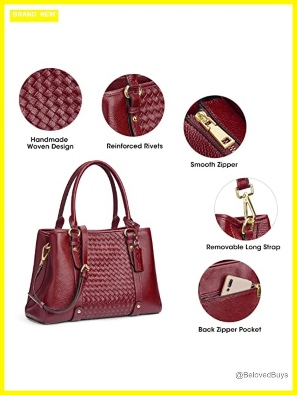Genuine Leather Top Handle Satchel Crossbody Hobo Bag with Woven Design
